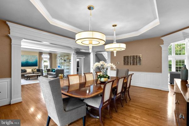 Dining room, Interior, Living room, Pendant Lights, Wood Texture Flooring