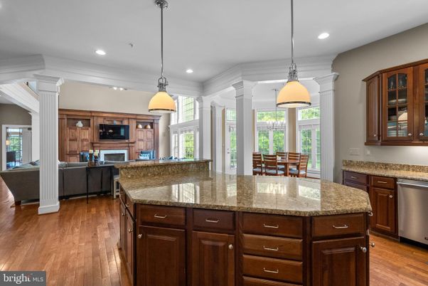 Fireplace, Interior, Kitchen, Living room, Pendant Lights, Recessed Lighting, Wood Texture Flooring
