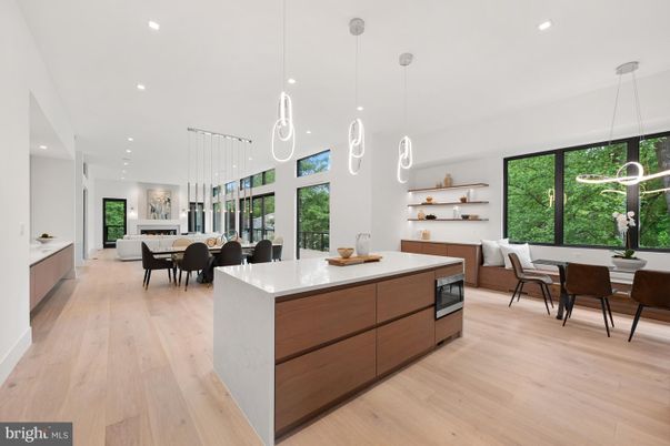Dining room, Interior, Pendant Lights, Recessed Lighting, Wood Texture Flooring