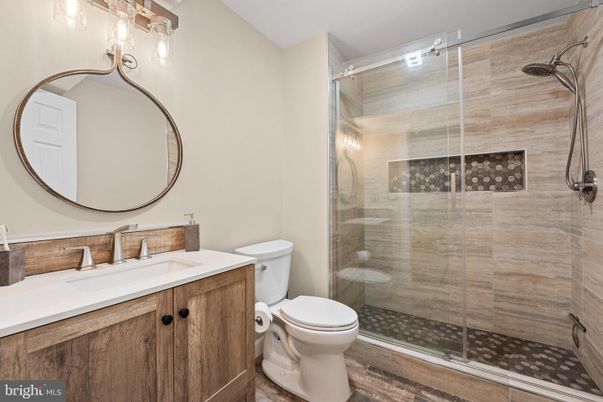 Bathroom, Glass Shower, Interior, Wood Texture Flooring