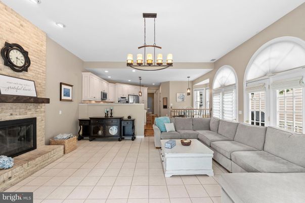 Chandelier, Fireplace, Interior, Kitchen, Living room, Pendant Lights, Recessed Lighting, Stone Walls