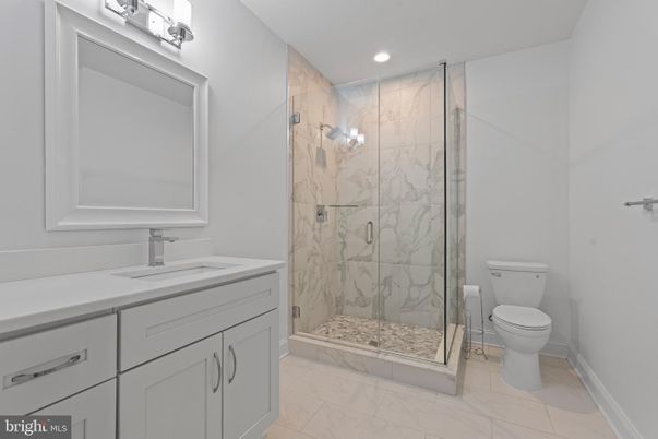 Bathroom, Glass Shower, Interior, Marble, Marble Walls, Recessed Lighting