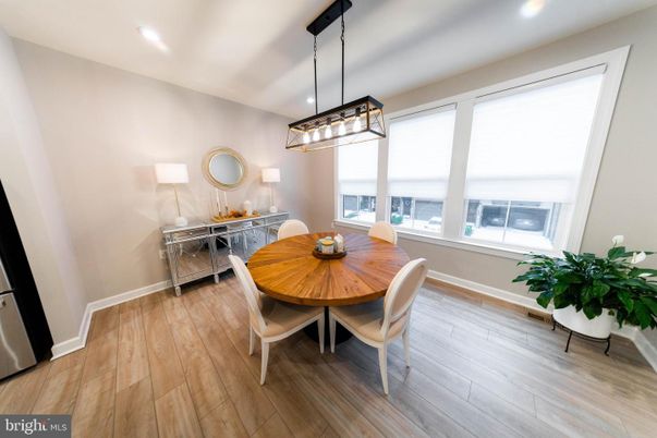 Dining room, Interior, Pendant Lights, Recessed Lighting, Wood Texture Flooring