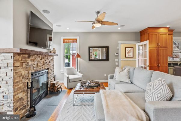 Fireplace, Interior, Living room, Recessed Lighting, Stone Walls
