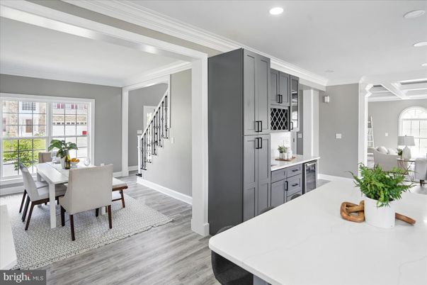 Dining room, Interior, Kitchen, Recessed Lighting, Wood Texture Flooring