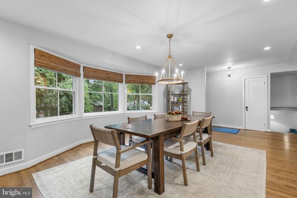 Dining room, Interior, Pendant Lights, Recessed Lighting, Wood Texture Flooring
