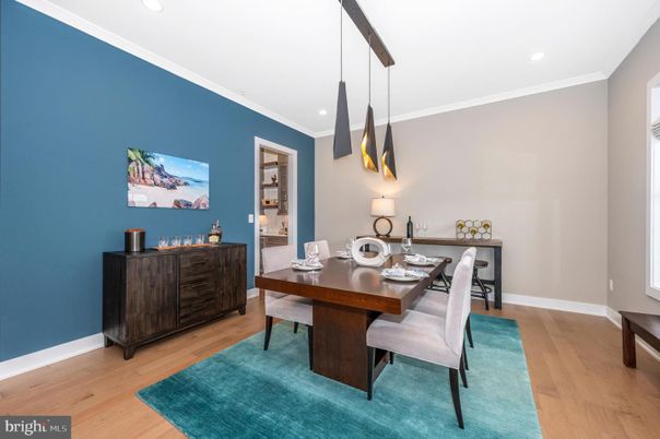 Dining room, Interior, Pendant Lights, Recessed Lighting, Wood Texture Flooring