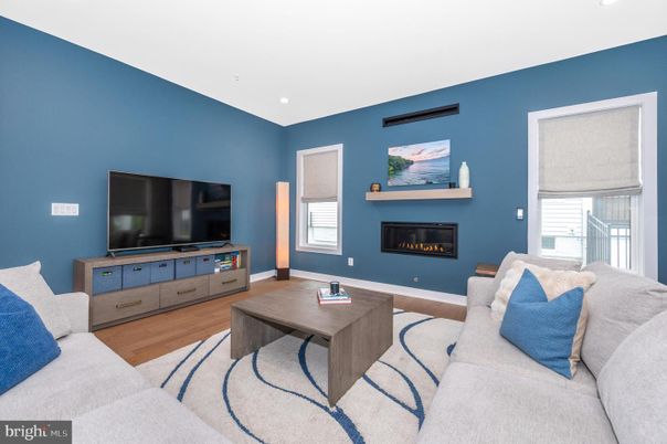 Fireplace, Interior, Living room, Recessed Lighting, Wood Texture Flooring