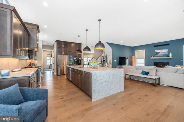 Fireplace, Interior, Kitchen, Living room, Pendant Lights, Recessed Lighting, Stainless Steel Appliances, Wood Texture Flooring