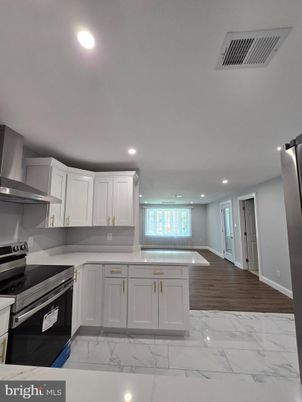 Interior, Kitchen, Marble, Recessed Lighting, Wood Texture Flooring