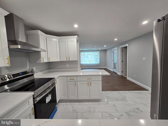 Interior, Kitchen, Marble, Recessed Lighting, Stainless Steel Appliances, Wood Texture Flooring