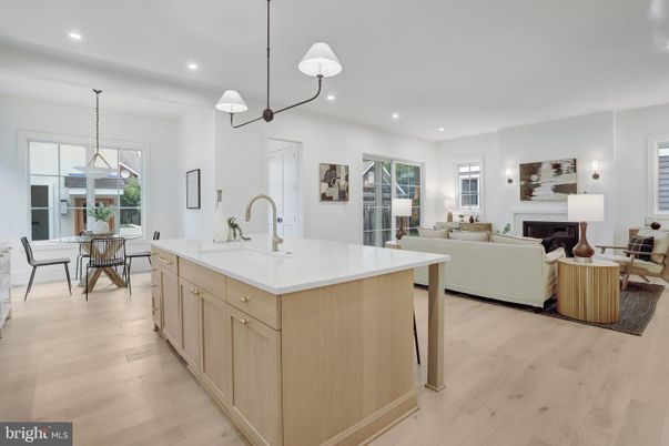 Dining room, Fireplace, Interior, Kitchen, Living room, Pendant Lights, Recessed Lighting, Wood Texture Flooring
