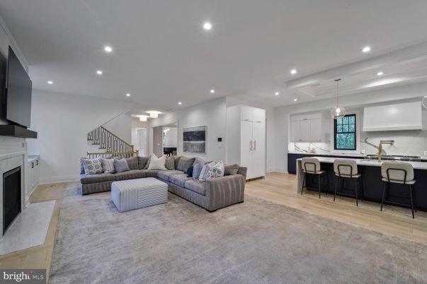 Fireplace, Interior, Kitchen, Living room, Pendant Lights, Recessed Lighting, Wood Texture Flooring