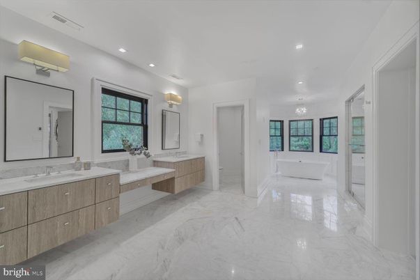 Bathroom, Chandelier, Dual Sink Vanities, Free Standing Baths, Interior, Marble, Recessed Lighting
