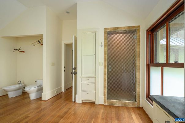 Bathroom, Glass Shower, Interior, Wood Texture Flooring