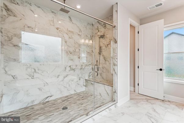Bathroom, Glass Shower, Interior, Marble, Marble Walls, Recessed Lighting