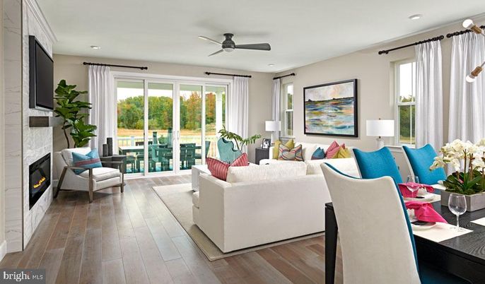 Dining room, Fireplace, Interior, Living room, Recessed Lighting, Wood Texture Flooring