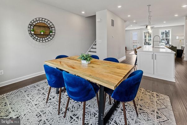 Dining room, Interior, Pendant Lights, Recessed Lighting, Wood Texture Flooring
