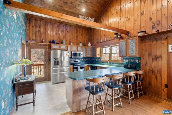 Interior, Kitchen, Recessed Lighting, Stainless Steel Appliances, Wooden Beams, Wooden Ceilings, Wood Texture Flooring, Wooden Walls
