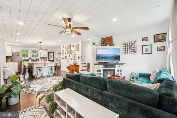 Dining room, Fireplace, Interior, Kitchen, Living room, Pendant Lights, Recessed Lighting, Wood Texture Flooring