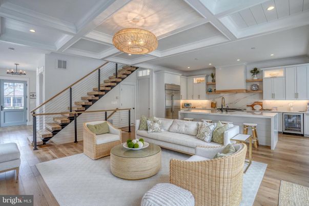 Chandelier, Interior, Kitchen, Living room, Recessed Lighting, Stainless Steel Appliances, Wood Texture Flooring