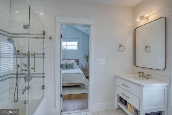 Bathroom, Bedroom, Glass Shower, Interior, Marble, Wood Texture Flooring