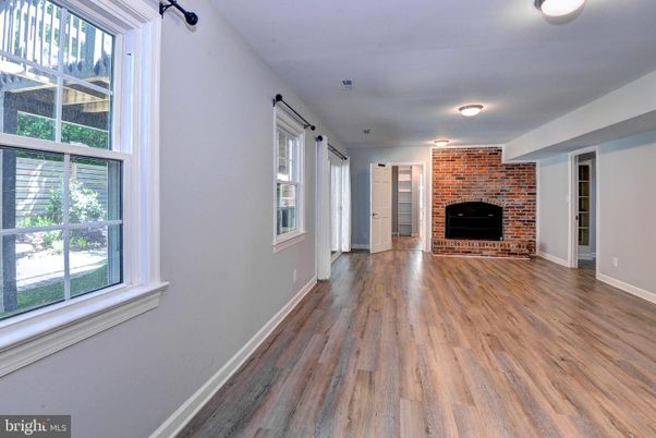 Empty room, Fireplace, Interior, Stone Walls, Wood Texture Flooring