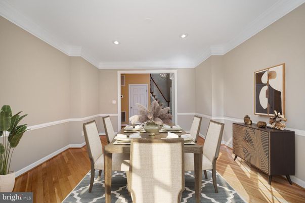 Dining room, Interior, Recessed Lighting, Wood Texture Flooring