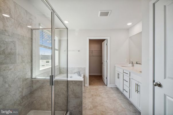 Bathroom, Dual Sink Vanities, Glass Shower, Interior, Marble Walls, Recessed Lighting