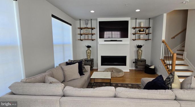 Fireplace, Interior, Living room, Recessed Lighting, Wood Texture Flooring