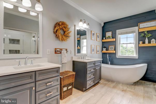 Bathroom, Dual Sink Vanities, Free Standing Baths, Interior, Wood Texture Flooring