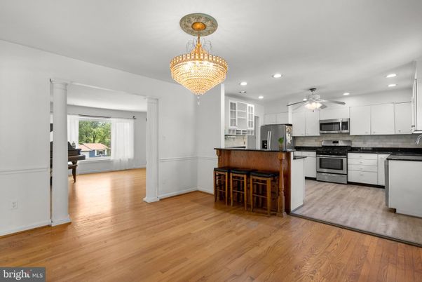 Chandelier, Interior, Kitchen, Recessed Lighting, Wood Texture Flooring