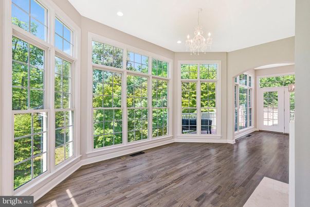 Chandelier, Empty room, Interior, Recessed Lighting, Sun Room, Wood Texture Flooring