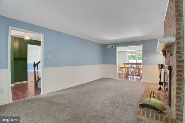 Dining room, Empty room, Fireplace, Interior, Wood Texture Flooring