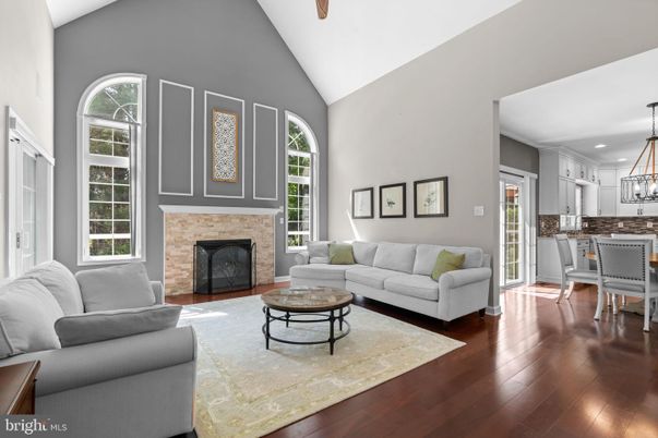 Dining room, Fireplace, Interior, Kitchen, Living room, Pendant Lights, Recessed Lighting, Wood Texture Flooring
