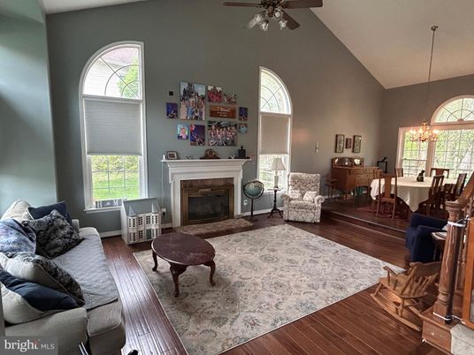 Chandelier, Dining room, Fireplace, Interior, Living room, Pendant Lights, Wood Texture Flooring