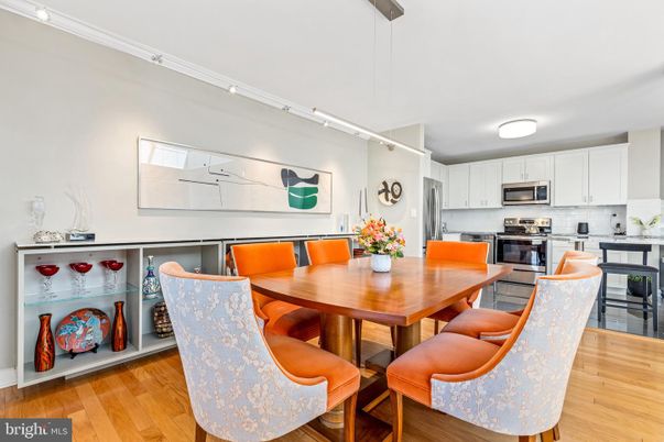 Dining room, Interior, Kitchen, Pendant Lights, Stainless Steel Appliances, Wood Texture Flooring