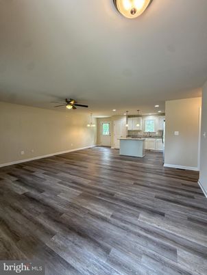Empty room, Interior, Kitchen, Pendant Lights, Recessed Lighting, Wood Texture Flooring