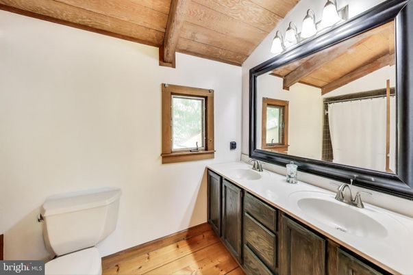 Bathroom, Dual Sink Vanities, Interior, Wooden Beams, Wooden Ceilings, Wood Texture Flooring