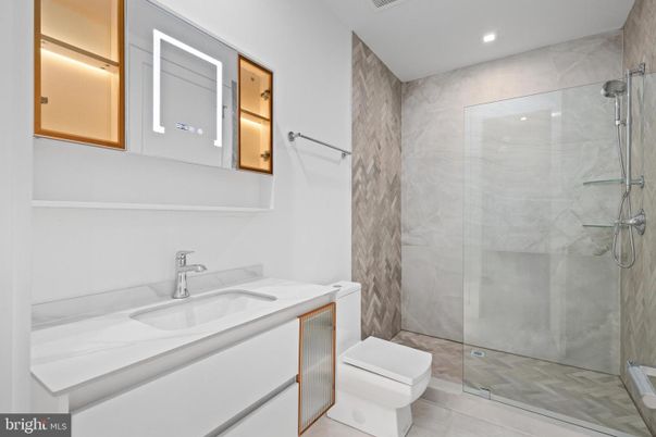 Bathroom, Glass Shower, Interior, Marble Walls, Recessed Lighting