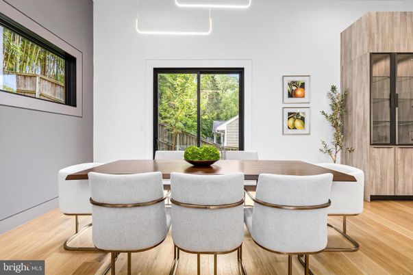 Dining room, Interior, Pendant Lights, Wood Texture Flooring