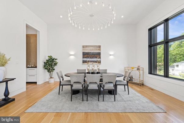 Dining room, Interior, Pendant Lights, Recessed Lighting, Wood Texture Flooring