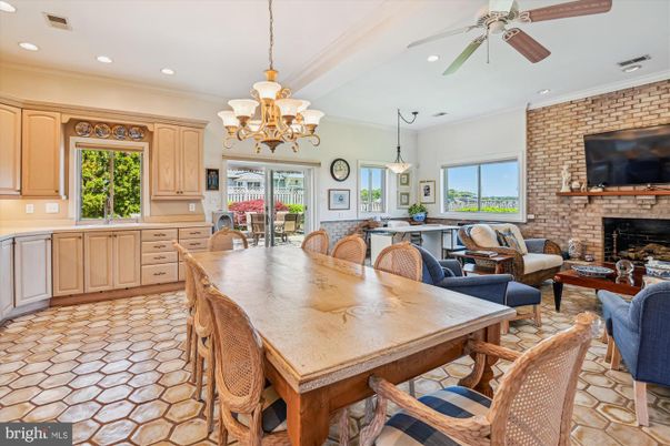Chandelier, Dining room, Fireplace, Interior, Kitchen, Living room, Pendant Lights, Recessed Lighting, Stone Walls