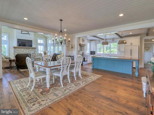 Chandelier, Dining room, Fireplace, Interior, Kitchen, Living room, Pendant Lights, Recessed Lighting, Wood Texture Flooring