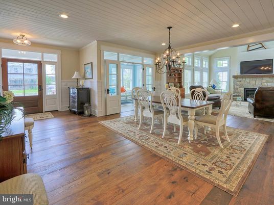 Chandelier, Dining room, Fireplace, Interior, Recessed Lighting, Wood Texture Flooring