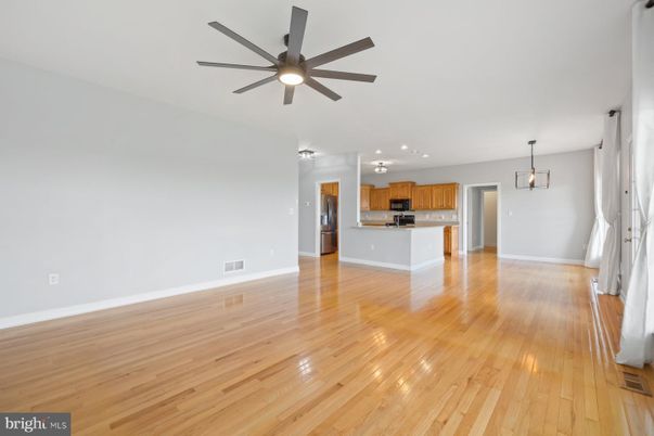 Empty room, Interior, Kitchen, Pendant Lights, Recessed Lighting, Wood Texture Flooring