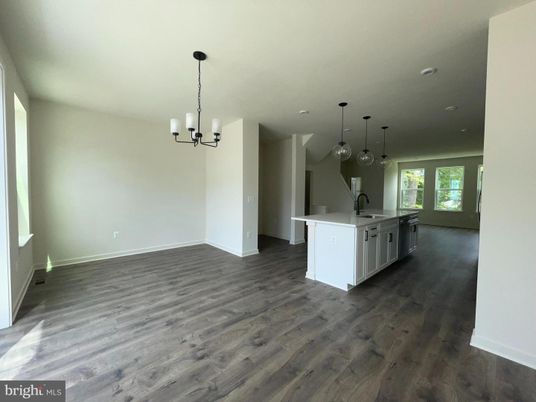 Empty room, Interior, Kitchen, Pendant Lights, Recessed Lighting, Wood Texture Flooring