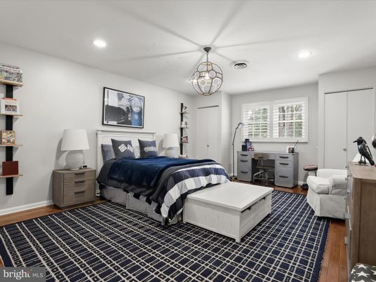 Bedroom, Chandelier, Interior, Recessed Lighting, Wood Texture Flooring