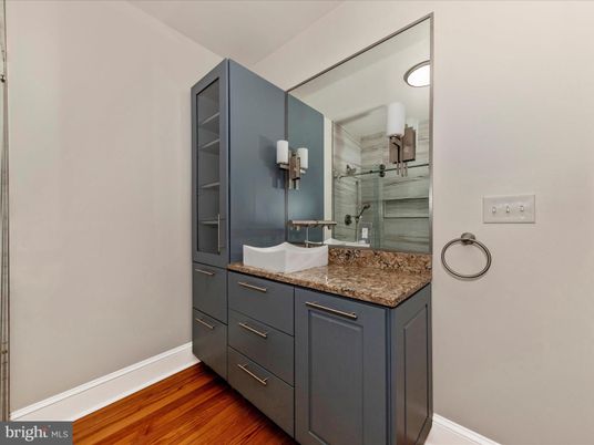 Bathroom, Glass Shower, Interior, Wood Texture Flooring