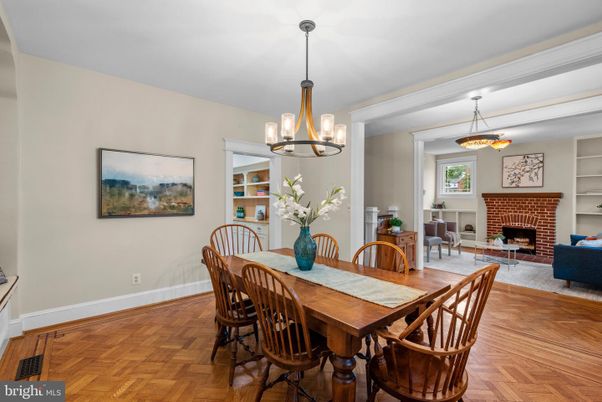 Dining room, Fireplace, Interior, Living room, Pendant Lights, Wood Texture Flooring